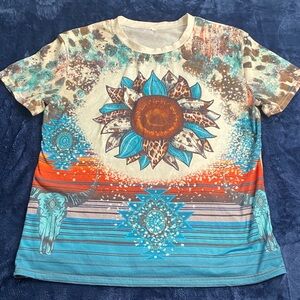 Women’s Western Graphic Tee Sunflower Cow Skull Serape Print Stretch